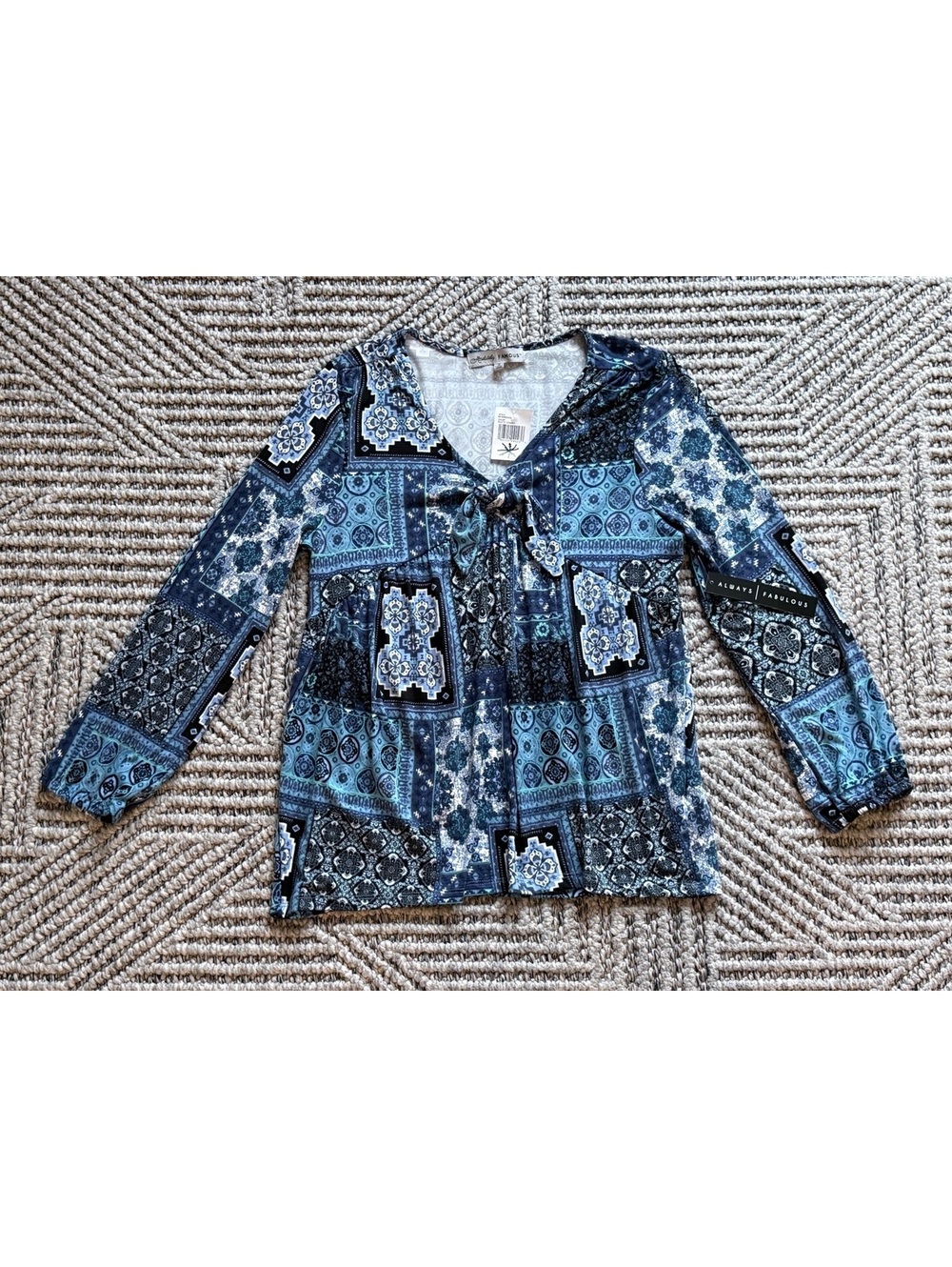 Absolutely Famous Women's Blue Patchwork Pattern Blouse Size S